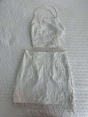 Lulu's White Sequin Two-Piece Crop Top and Skirt Set